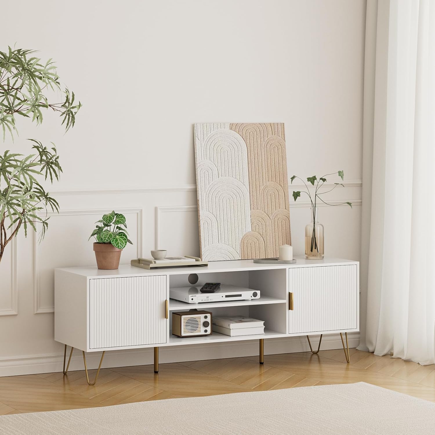 Apetaccat TV Stand for 55-65 Inch TV, Entertainment Center with Soft Hinge Door,TV Console Table with 2 Cabinets with Gold Handle and Feet,for Living Room, Bedroom, White